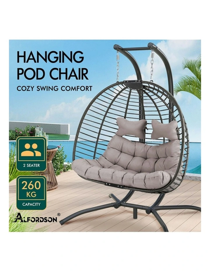 Outdoor 2 Seater Wicker Rattan Pod Hanging Swing Egg Chair in Light Grey image 3