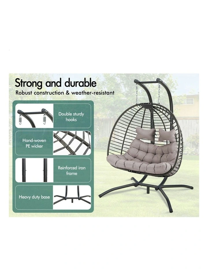 Outdoor 2 Seater Wicker Rattan Pod Hanging Swing Egg Chair in Light Grey image 4