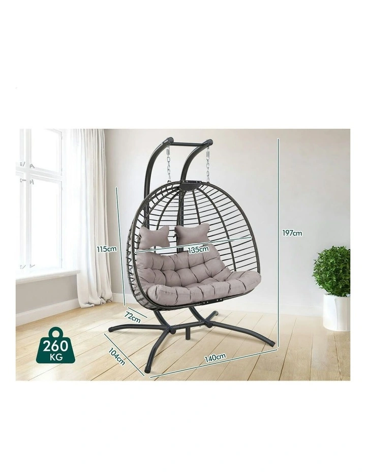 Outdoor 2 Seater Wicker Rattan Pod Hanging Swing Egg Chair in Light Grey image 6