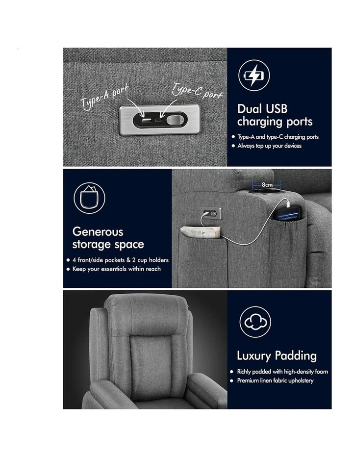 Power Lift Heated Massage Recliner Chair in Grey image 7