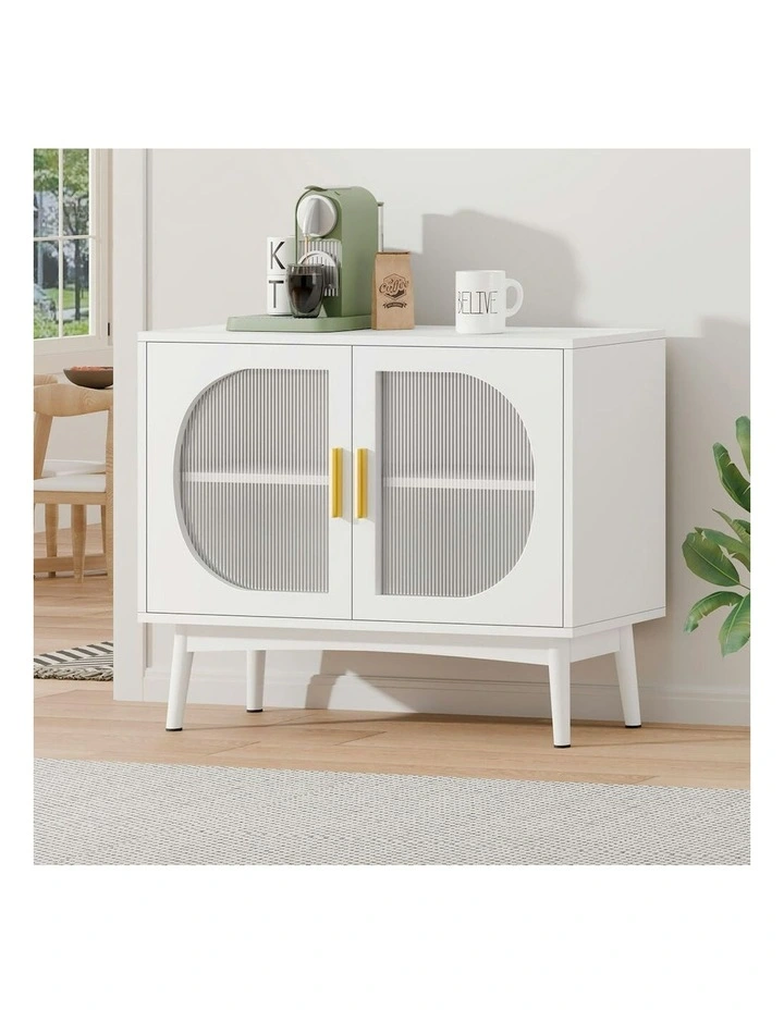 Fluted Doors Shelves Buffet Sideboard in White image 2
