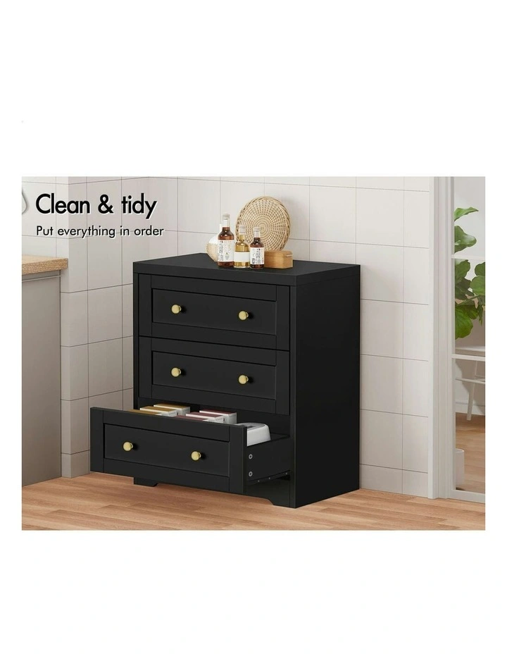 3 Chest of Drawers Bedside Table in Black image 3