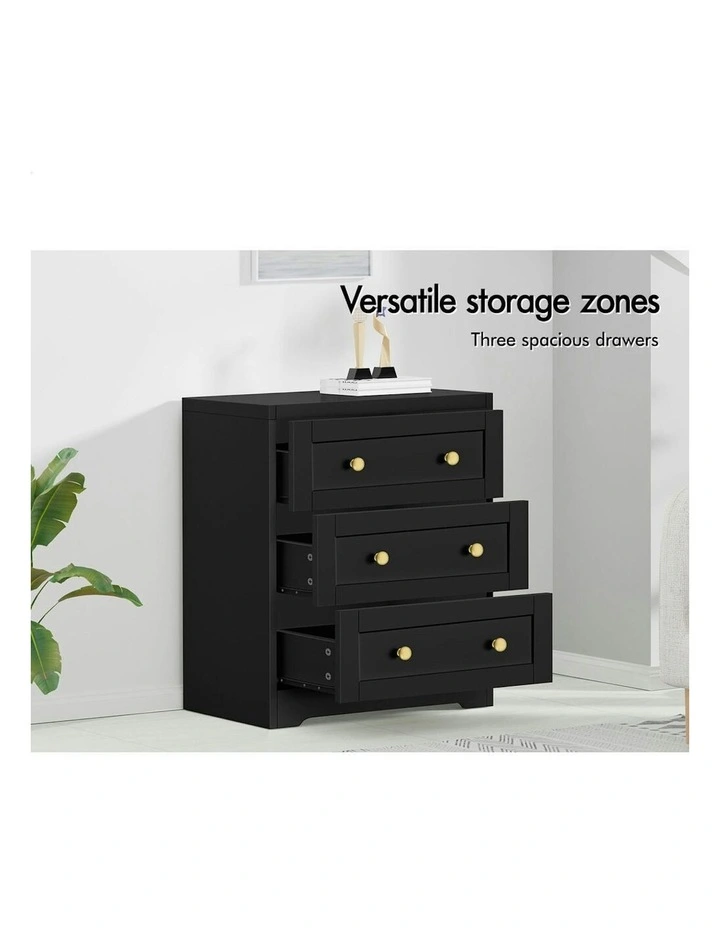 3 Chest of Drawers Bedside Table in Black image 4