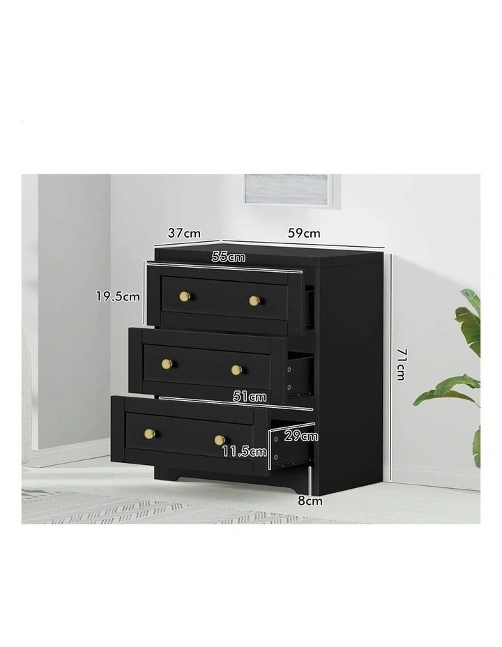 3 Chest of Drawers Bedside Table in Black image 6