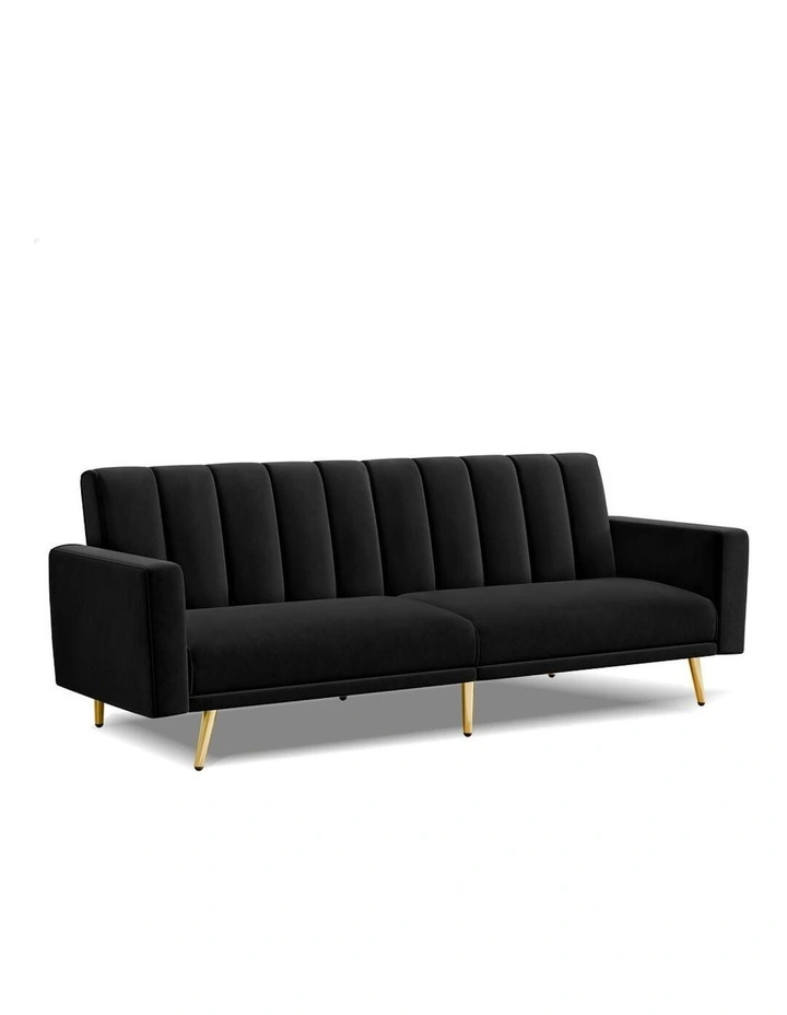 Futon 3 Seater Convertible Velvet Sofa Bed in Black image 1