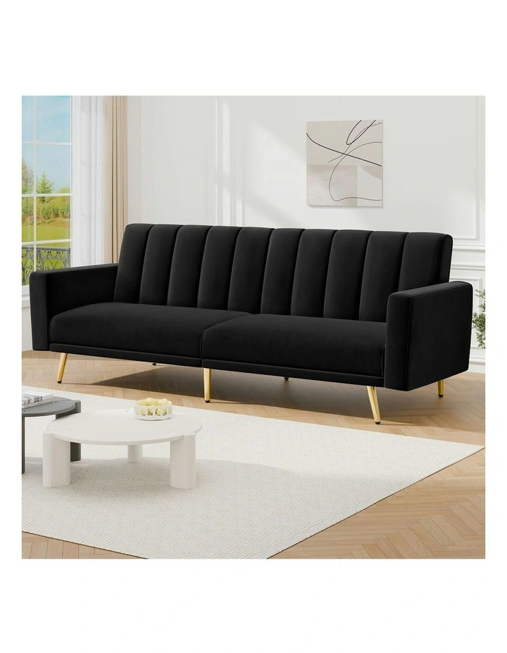 Futon 3 Seater Convertible Velvet Sofa Bed in Black image 2