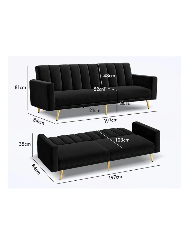 Futon 3 Seater Convertible Velvet Sofa Bed in Black image 5