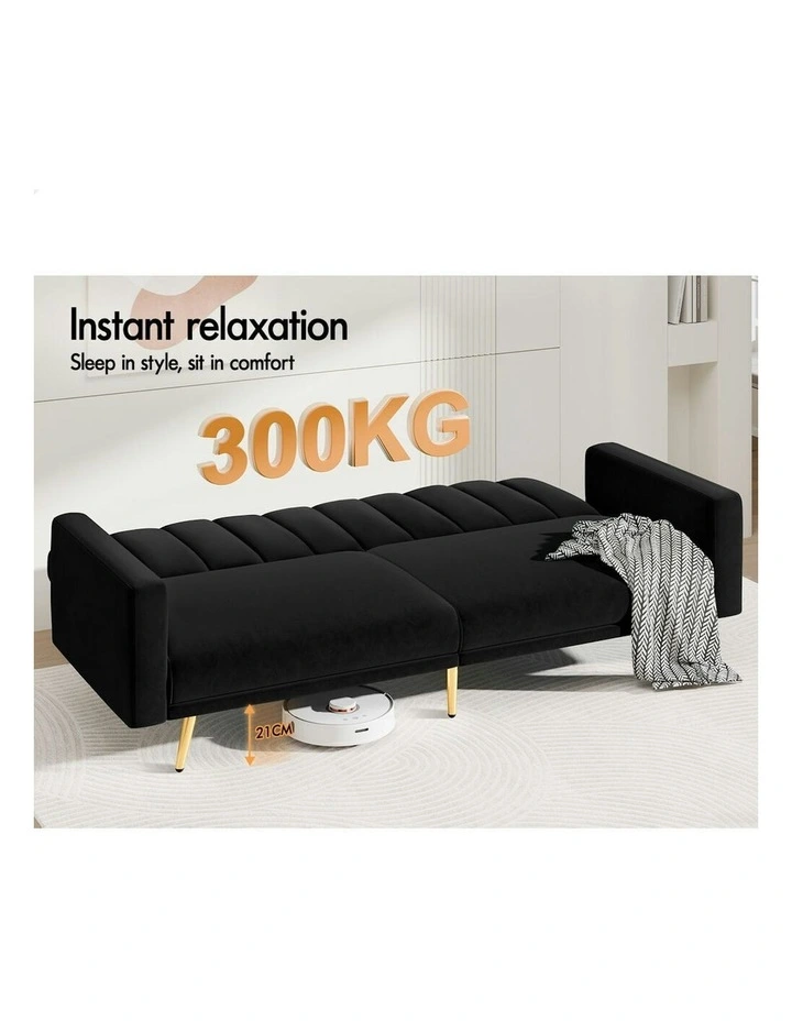 Futon 3 Seater Convertible Velvet Sofa Bed in Black image 7