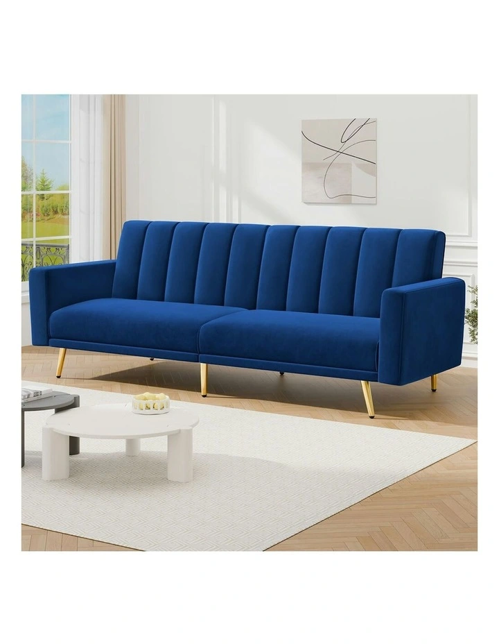 Velvet Futon Couch Lounge 3 Seater Convertible Sofa Bed in Blue image 2