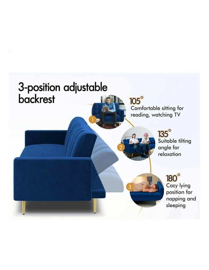 Velvet Futon Couch Lounge 3 Seater Convertible Sofa Bed in Blue image 3