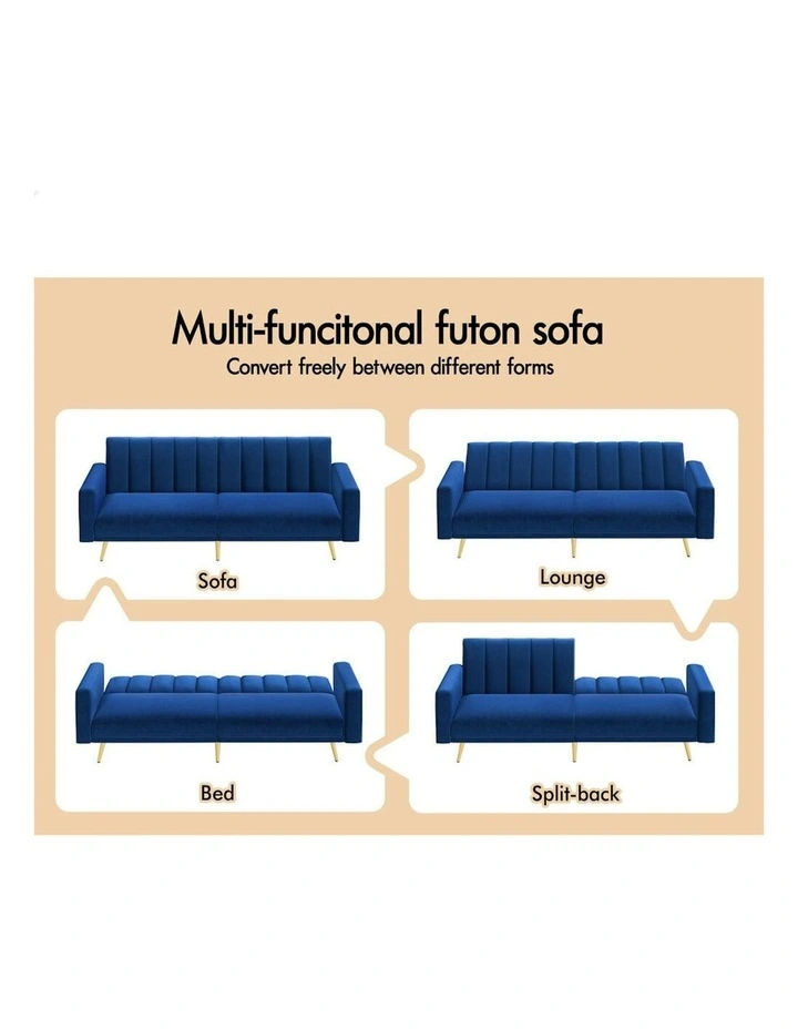 Velvet Futon Couch Lounge 3 Seater Convertible Sofa Bed in Blue image 4