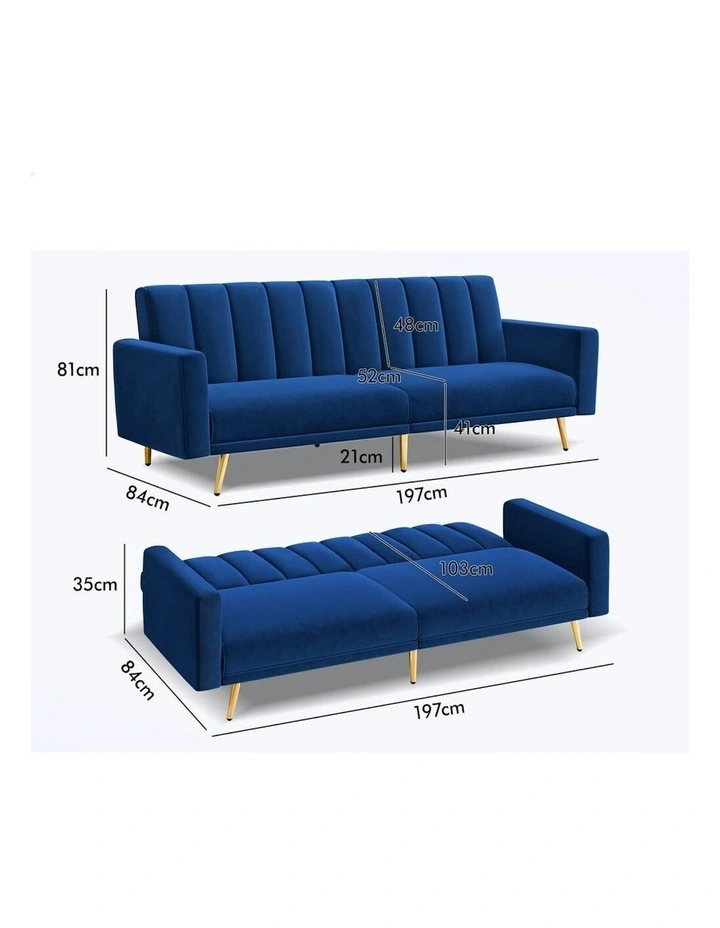 Velvet Futon Couch Lounge 3 Seater Convertible Sofa Bed in Blue image 5