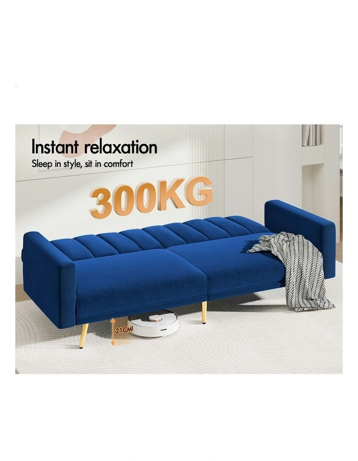 Velvet Futon Couch Lounge 3 Seater Convertible Sofa Bed in Blue image 7