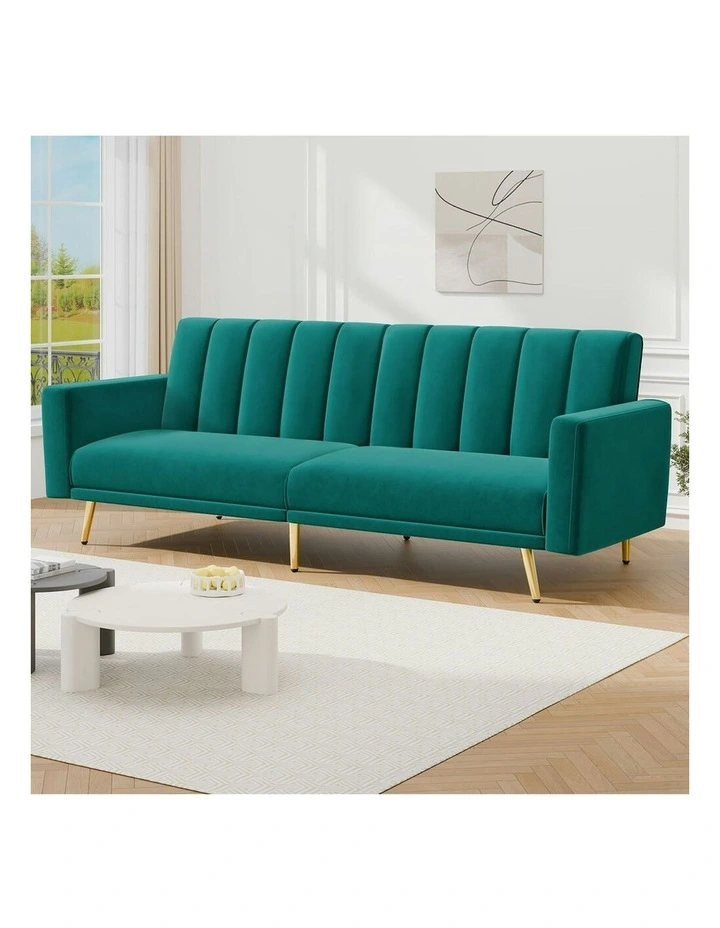Velvet Futon Couch Lounge 3 Seater Convertible Sofa Bed in Green image 2