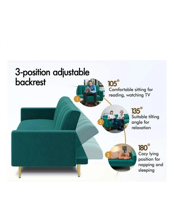 Velvet Futon Couch Lounge 3 Seater Convertible Sofa Bed in Green image 3