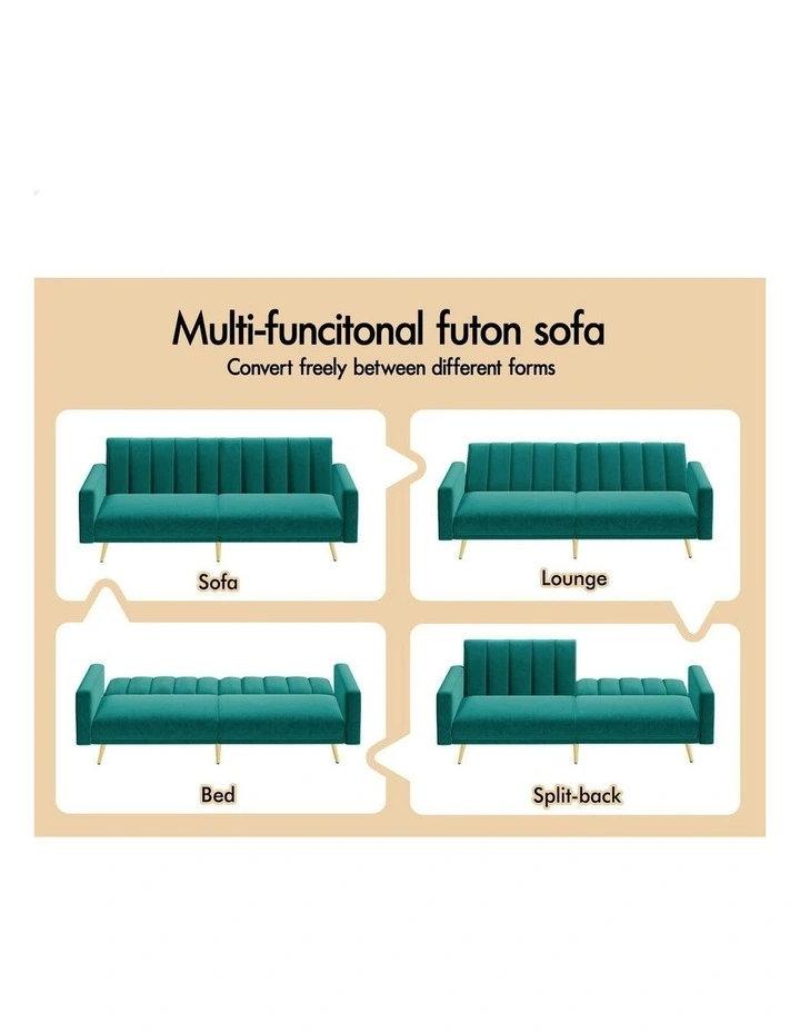 Velvet Futon Couch Lounge 3 Seater Convertible Sofa Bed in Green image 4
