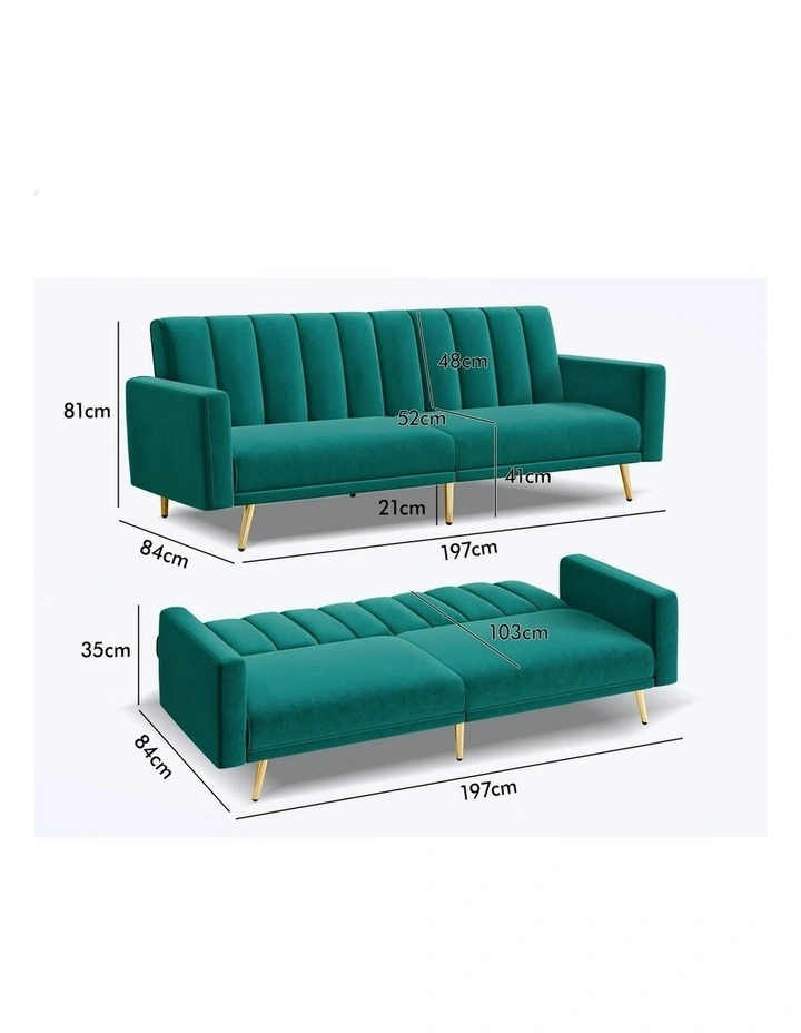 Velvet Futon Couch Lounge 3 Seater Convertible Sofa Bed in Green image 5