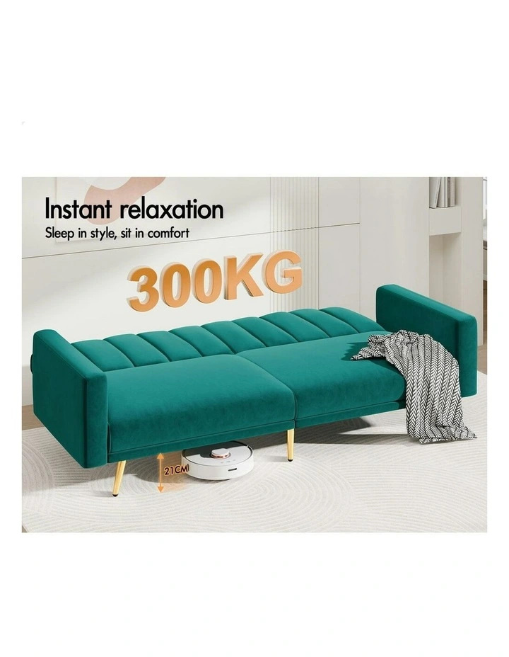 Velvet Futon Couch Lounge 3 Seater Convertible Sofa Bed in Green image 7