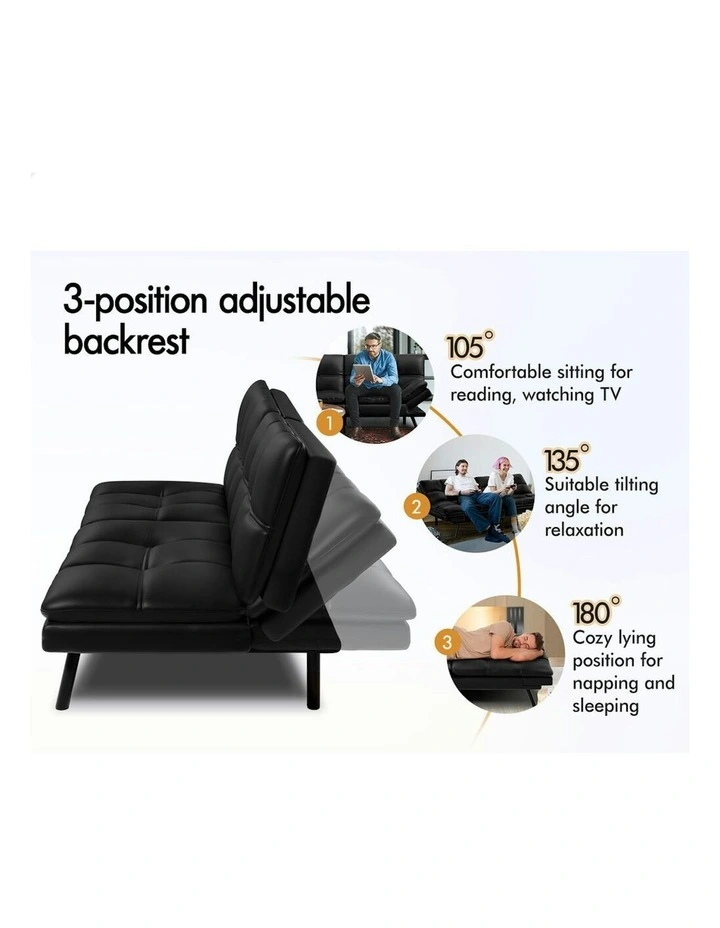 Recliner Lounge Futon Couch 3 Seater Convertible Leather Sofa Bed in Black image 3