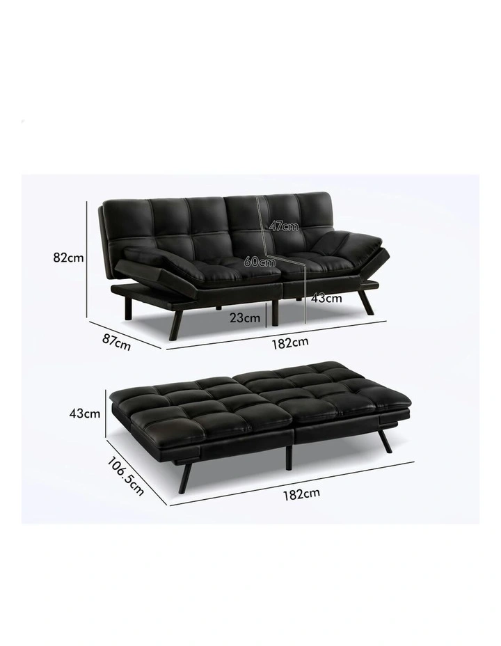 Recliner Lounge Futon Couch 3 Seater Convertible Leather Sofa Bed in Black image 6