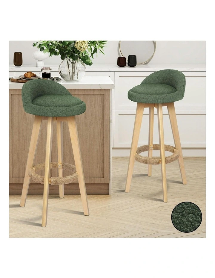 Liam Wooden Boucle Bar Stools 2x in Green image 2