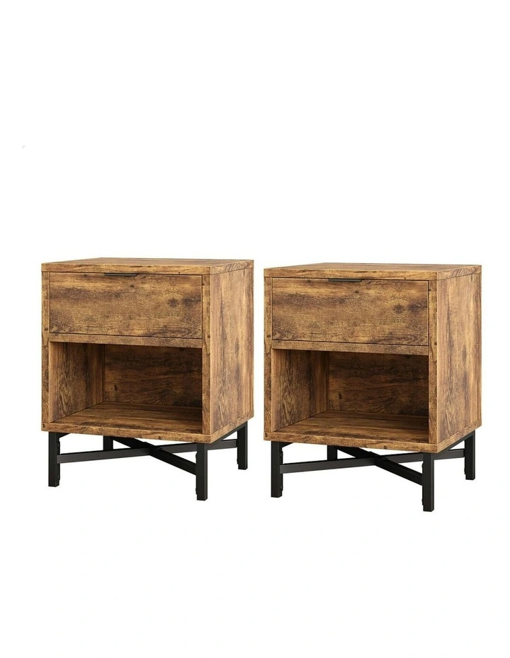 2x Bedside Table Retro Nightstand Side Cabinet Oak image 1