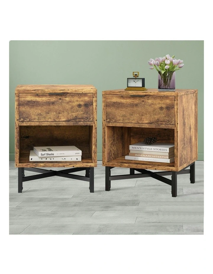 2x Bedside Table Retro Nightstand Side Cabinet Oak image 2