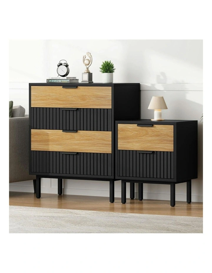 Bedside Table Storage Cabinet Set 4 Chest Drawers in Black/Wood image 2