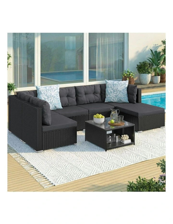 Outdoor Lounge Sofa Set 7 Pieces in Black image 2