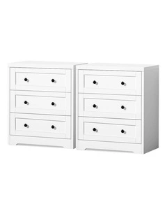 Hamptons Drawers Bedside Table Storage Cabinet x2 in White