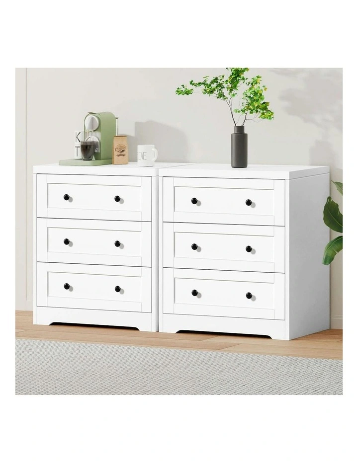 Hamptons Drawers Bedside Table Storage Cabinet x2 in White image 2