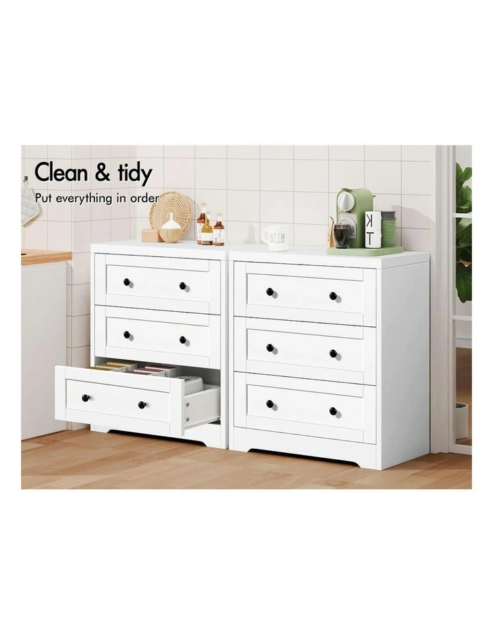 Hamptons Drawers Bedside Table Storage Cabinet x2 in White image 3