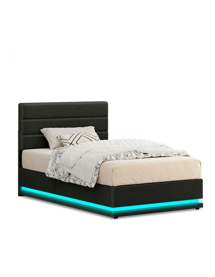 RGB LED Gas Lift Storage Base King Single Bed Frame in Charcoal image 1