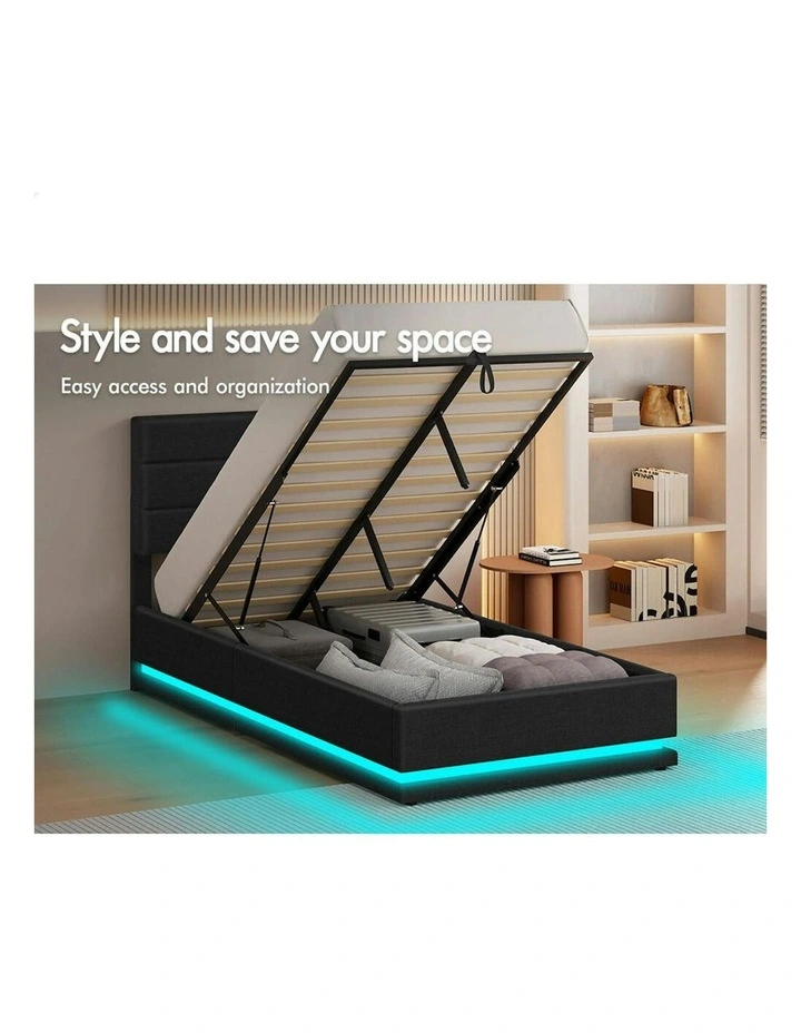 RGB LED Gas Lift Storage Base King Single Bed Frame in Charcoal image 3