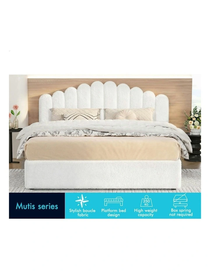 Gas Lift Storage Base Wooden Boucle Mutis Bed Frame King Size in White image 2