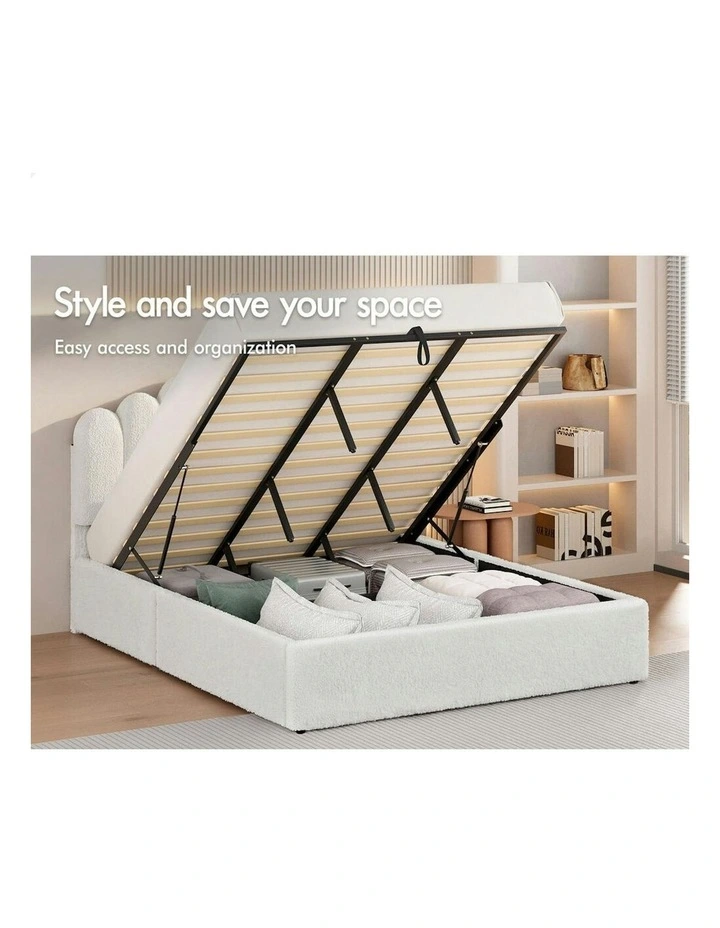 Gas Lift Storage Base Wooden Boucle Mutis Bed Frame King Size in White image 3