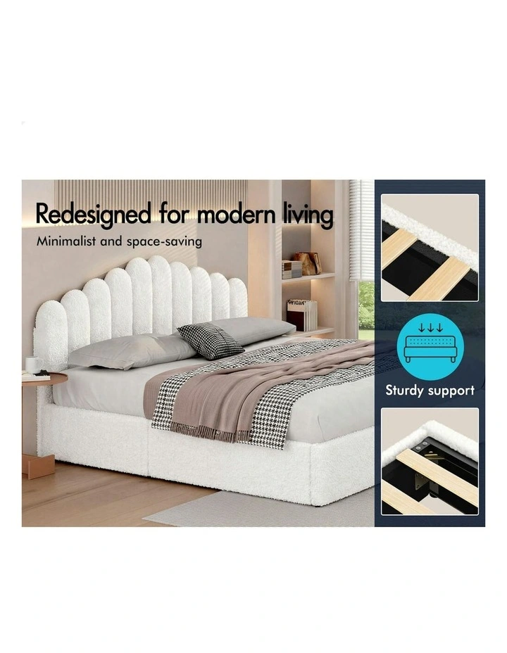 Gas Lift Storage Base Wooden Boucle Mutis Bed Frame King Size in White image 4