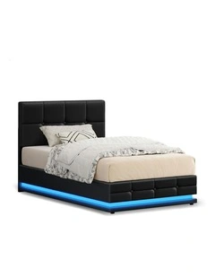King Single RGB LED Gas Lift Bed Frame in Black