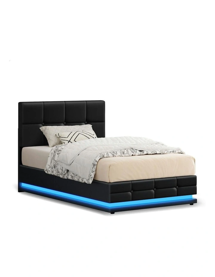 King Single RGB LED Gas Lift Bed Frame in Black image 1