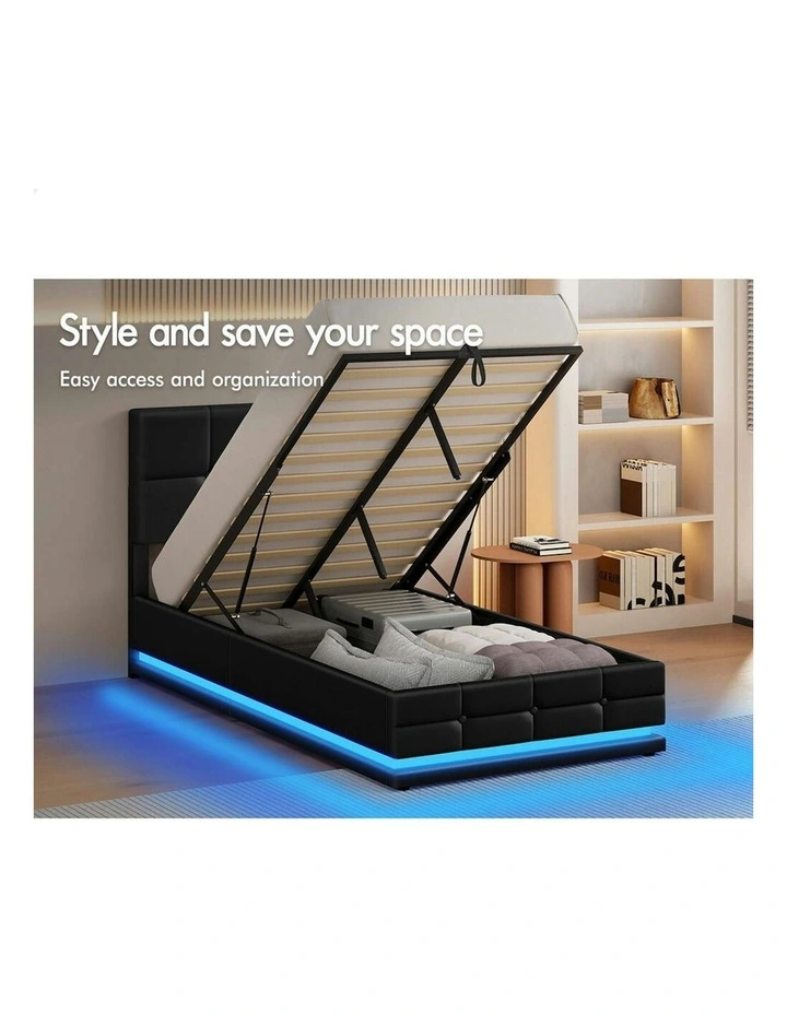 King Single RGB LED Gas Lift Bed Frame in Black image 3