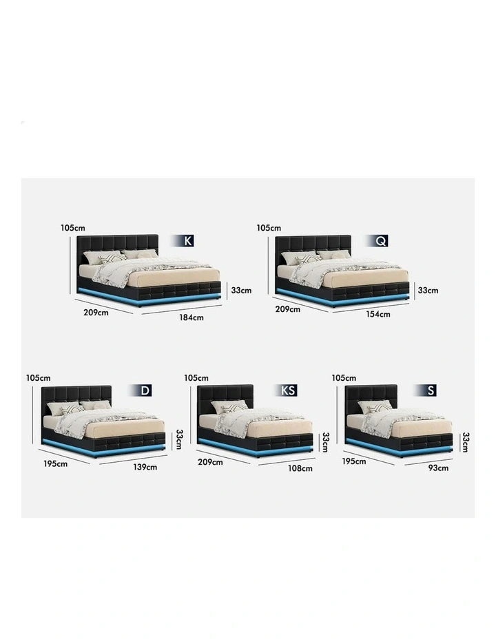 King Single RGB LED Gas Lift Bed Frame in Black image 6