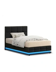 King Single RGB LED Gas Lift Bed Frame in Charcoal