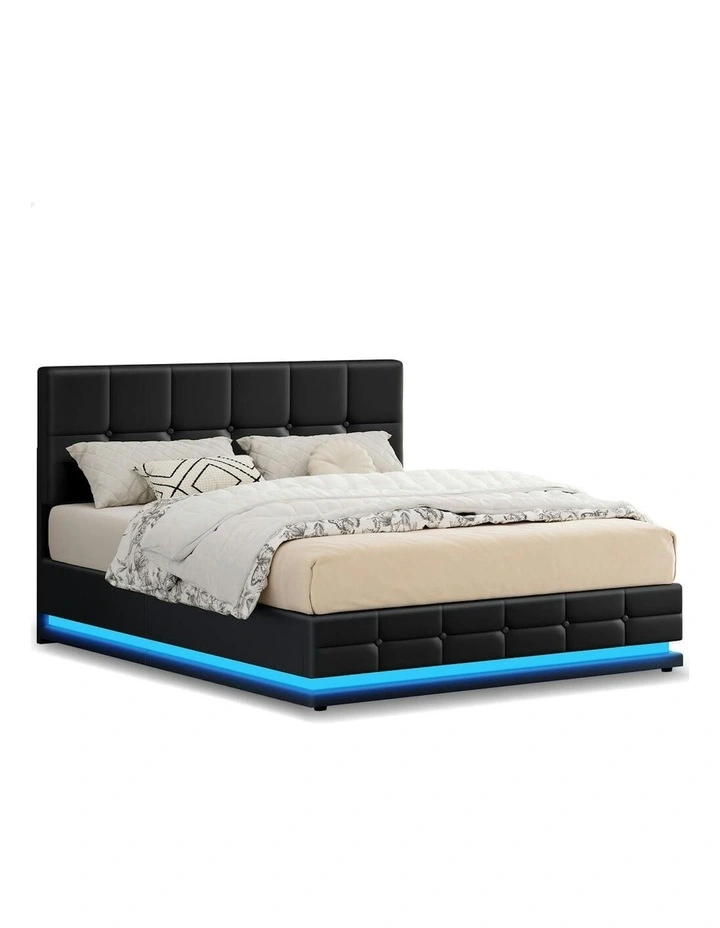 Queen Size RGB LED Gas Lift Bed Frame in Black image 1