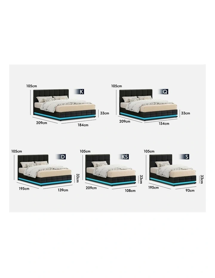 Queen Size RGB LED Gas Lift Bed Frame in Charcoal image 7