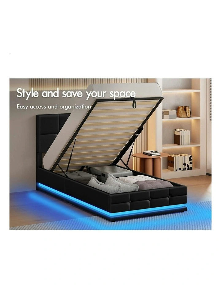 Single Size RGB LED Gas Lift Bed Frame in Black image 3