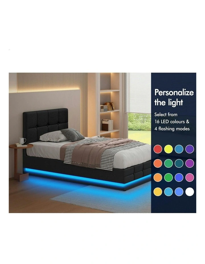 Single Size RGB LED Gas Lift Bed Frame in Charcoal image 4
