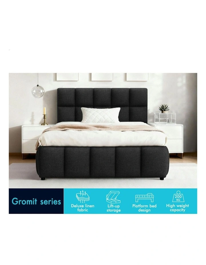 King Single Grid Tufted  Gas Lift Bed Frame in Charcoal Gromit image 2