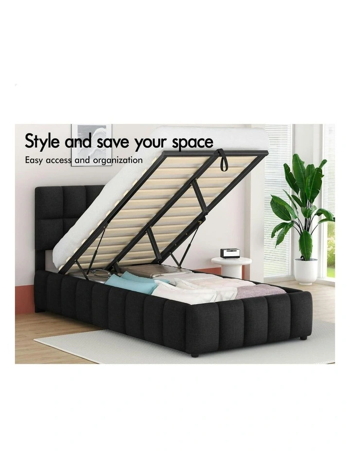 King Single Grid Tufted  Gas Lift Bed Frame in Charcoal Gromit image 3
