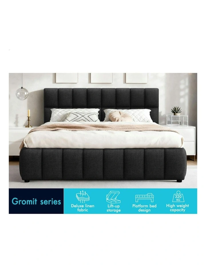 Queen Size Grid Tufted  Gas Lift Bed Frame in Charcoal Gromit image 2