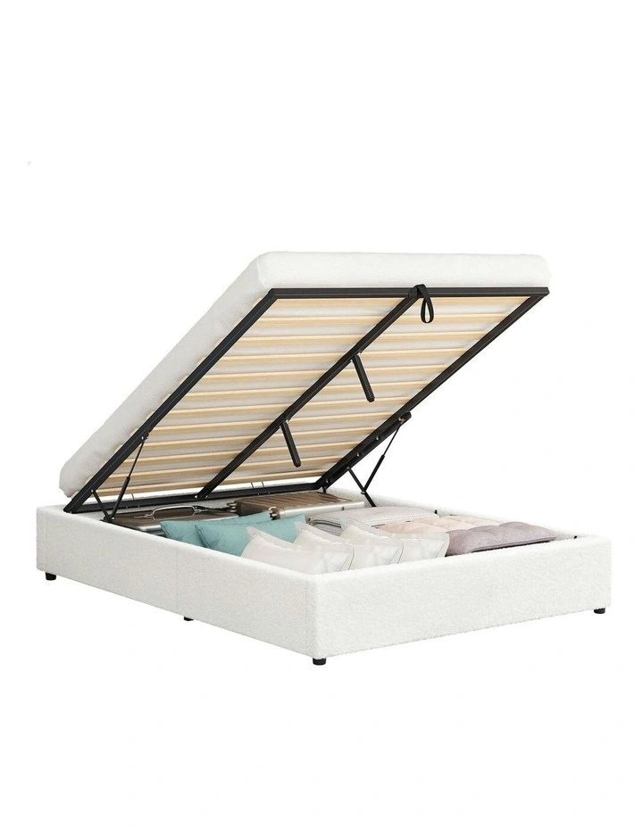 Queen Size Boucle Barlow Gas Lift Bed Frame in White image 1